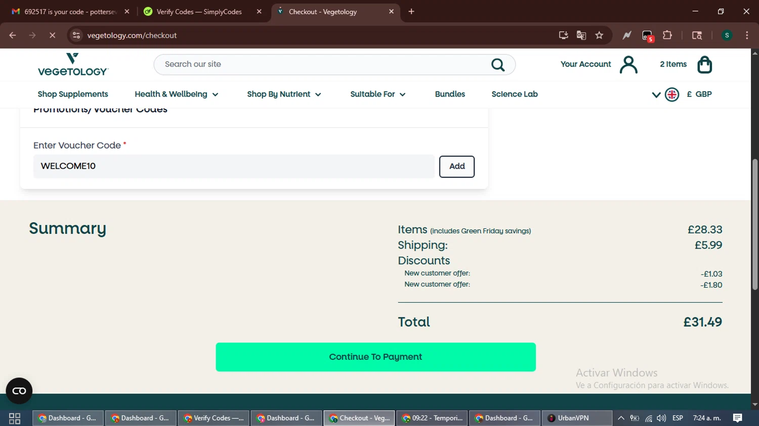 Vegetology promo code screenshot showing code WELCOME10 applied at Vegetology checkout page. Uploaded by SimplyCodes community member ShrewdAce7935 on Nov 23, 2025