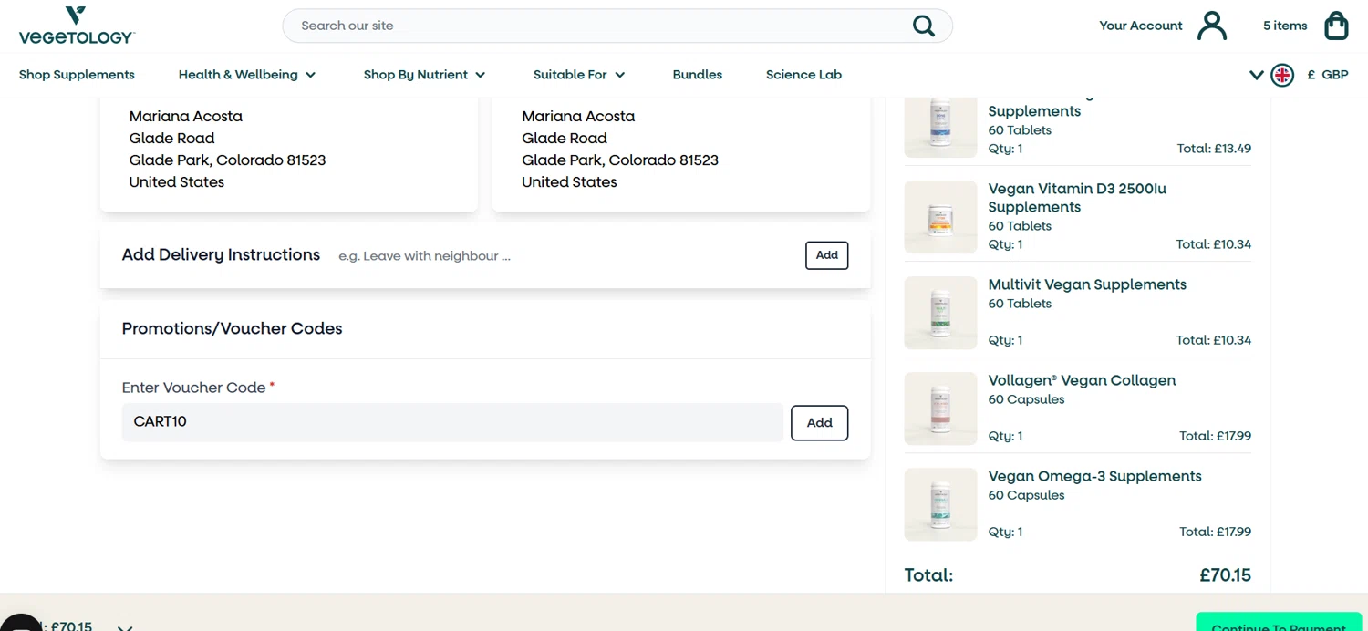 Vegetology promo code screenshot showing code CART10 applied at Vegetology checkout page. Uploaded by SimplyCodes community member Gray_75 on Jun 21, 2025
