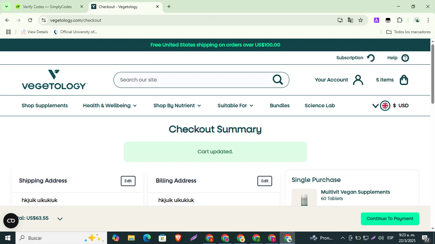 Vegetology checkout page showing Vegetology promo code box | Screenshot taken by SimplyCodes community member on Mar 22, 2025