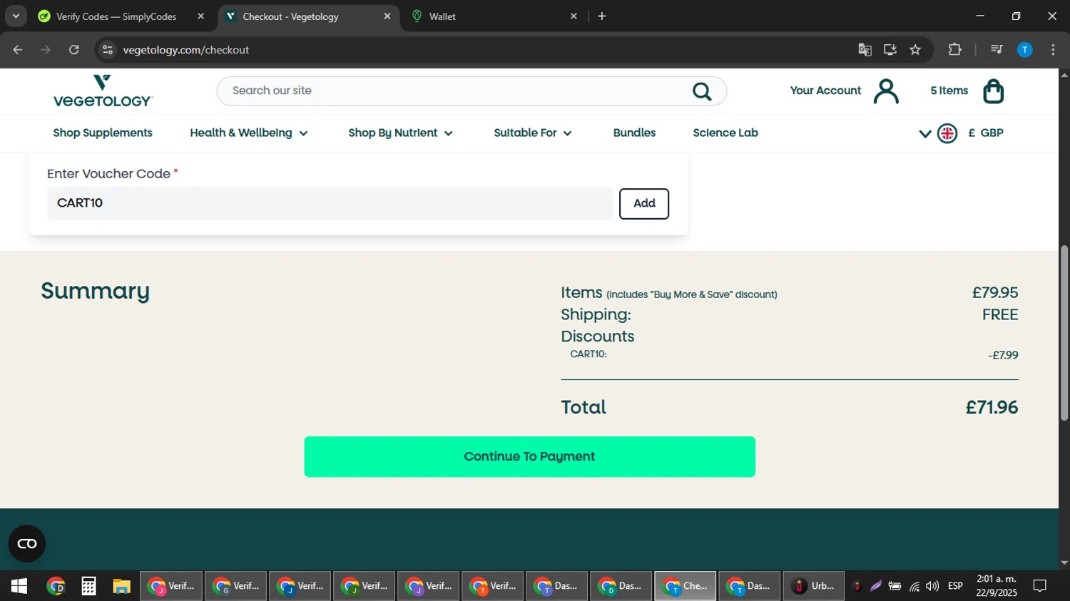Vegetology promo code screenshot showing code CART10 applied at Vegetology checkout page. Uploaded by SimplyCodes community member hankt1521 on Sep 22, 2025