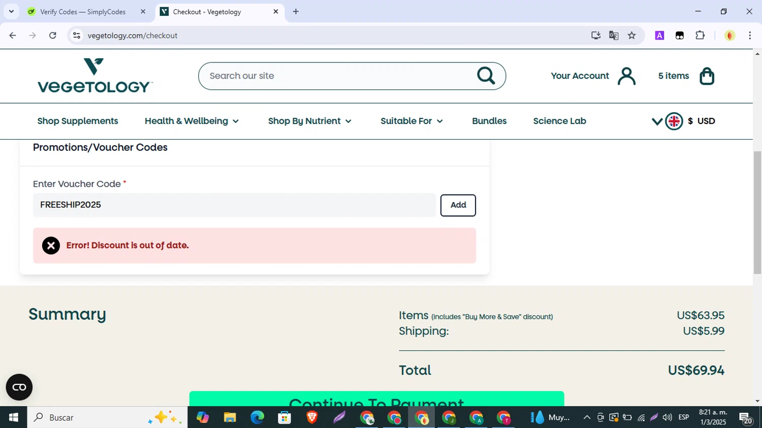 Vegetology promo code screenshot showing code FREESHIP2025 applied at Vegetology checkout page. Uploaded by SimplyCodes community member SmartMonarch9718 on Mar 1, 2025