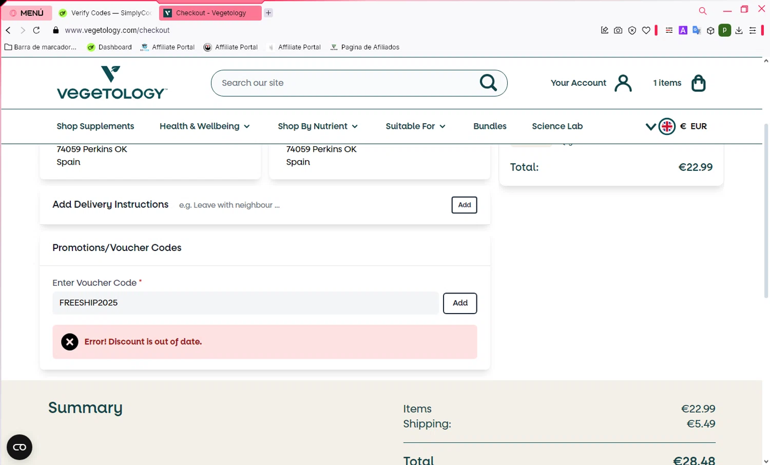 Vegetology promo code screenshot showing code FREESHIP2025 applied at Vegetology checkout page. Uploaded by SimplyCodes community member WonderWarden4709 on Mar 1, 2025