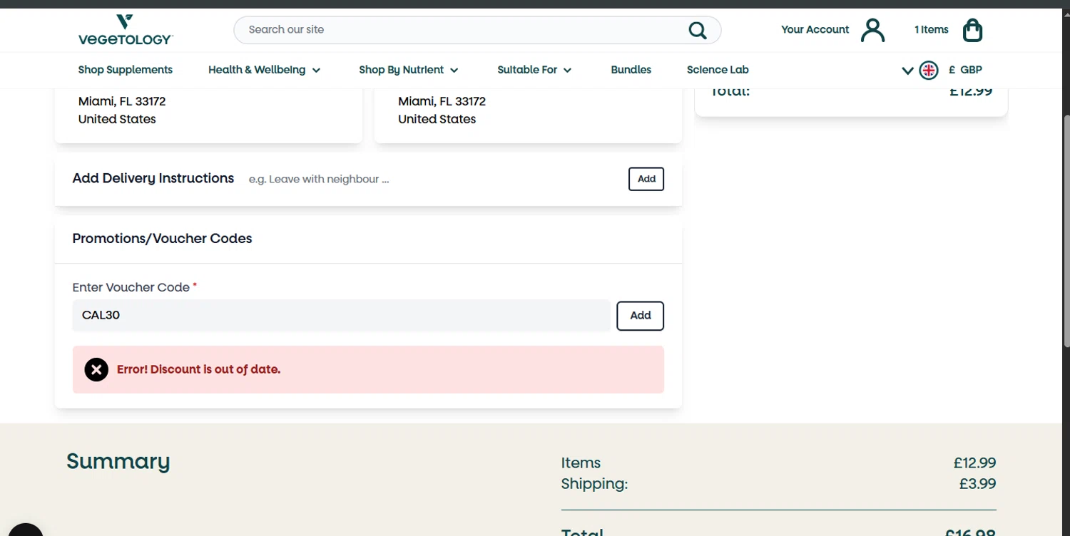 Vegetology promo code screenshot showing code CAL30 applied at Vegetology checkout page. Uploaded by SimplyCodes community member ashe1986 on Jun 14, 2025
