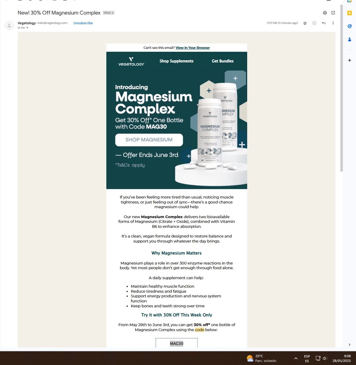 Vegetology promo code screenshot showing code MAG30 applied at Vegetology checkout page. Uploaded by SimplyCodes community member UnkNownVnzla on May 28, 2025