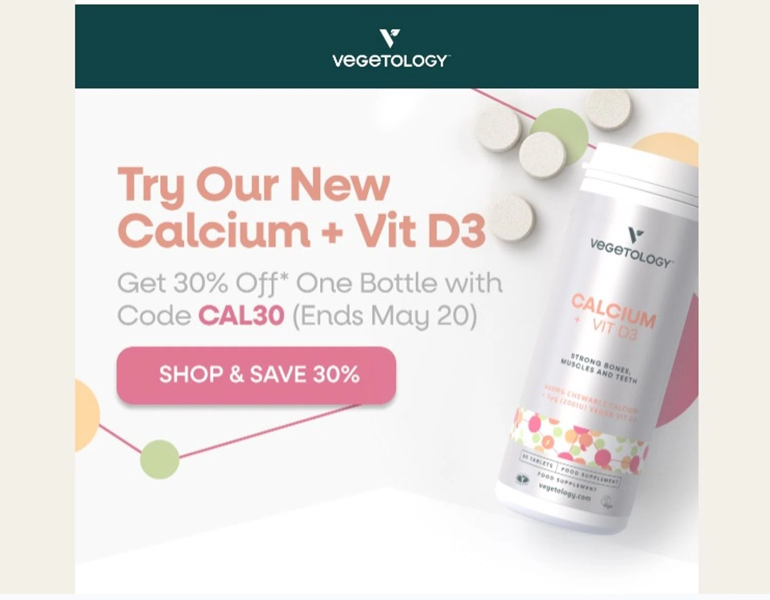 Vegetology promo code screenshot showing code CAL30 applied at Vegetology checkout page. Uploaded by SimplyCodes community member criah256752 on May 19, 2025