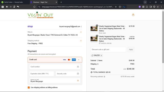 Vegin' Out checkout page showing Vegin' Out coupon code box | Screenshot taken by SimplyCodes community member on Sep 16, 2025