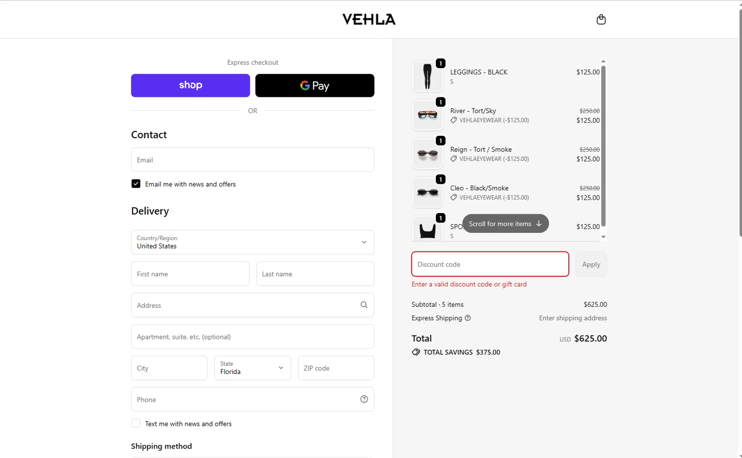 Vehla Eyewear promo code screenshot showing code VEHLAHOLIDAY applied at Vehla Eyewear checkout page. Uploaded by SimplyCodes community member Scarleth_2GGD on Oct 15, 2025