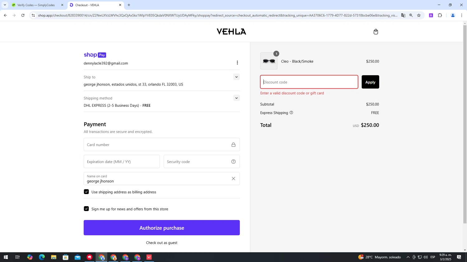 Vehla Eyewear promo code screenshot showing code VEHLA241 applied at Vehla Eyewear checkout page. Uploaded by SimplyCodes community member ShieldAdmiral2781 on Feb 3, 2025