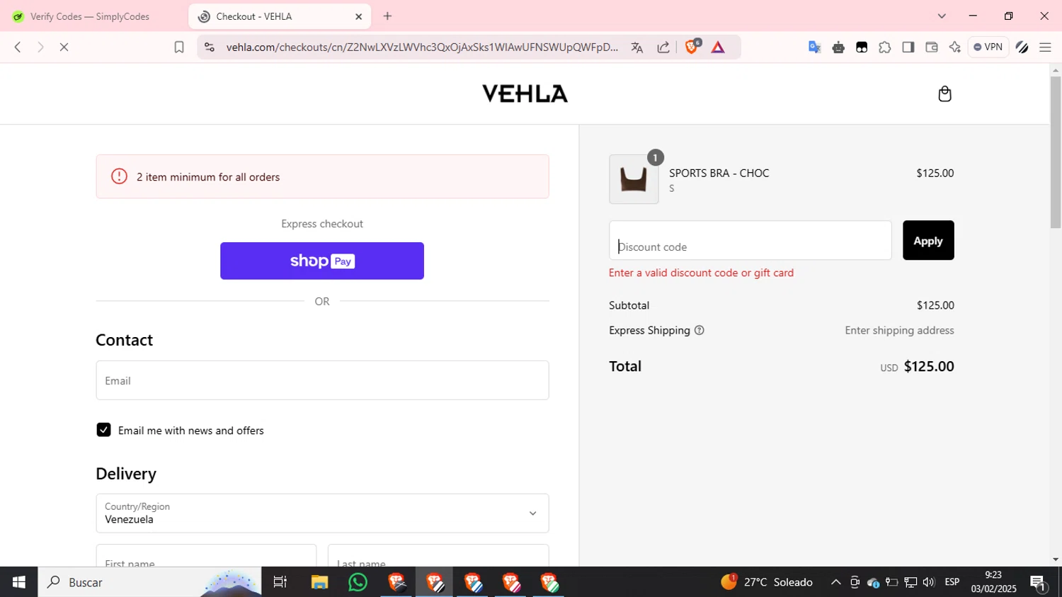 Vehla Eyewear promo code screenshot showing code VEHLA241 applied at Vehla Eyewear checkout page. Uploaded by SimplyCodes community member CashSpotter9266 on Feb 3, 2025