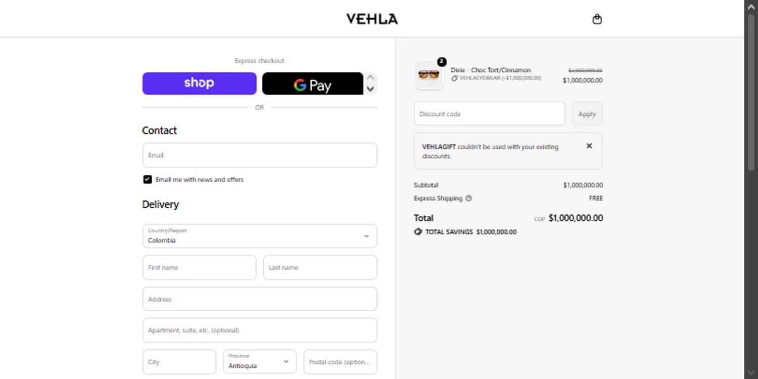 Vehla Eyewear promo code screenshot showing code VEHLAGIFT applied at Vehla Eyewear checkout page. Uploaded by SimplyCodes community member TraxoGamer on Feb 5, 2026