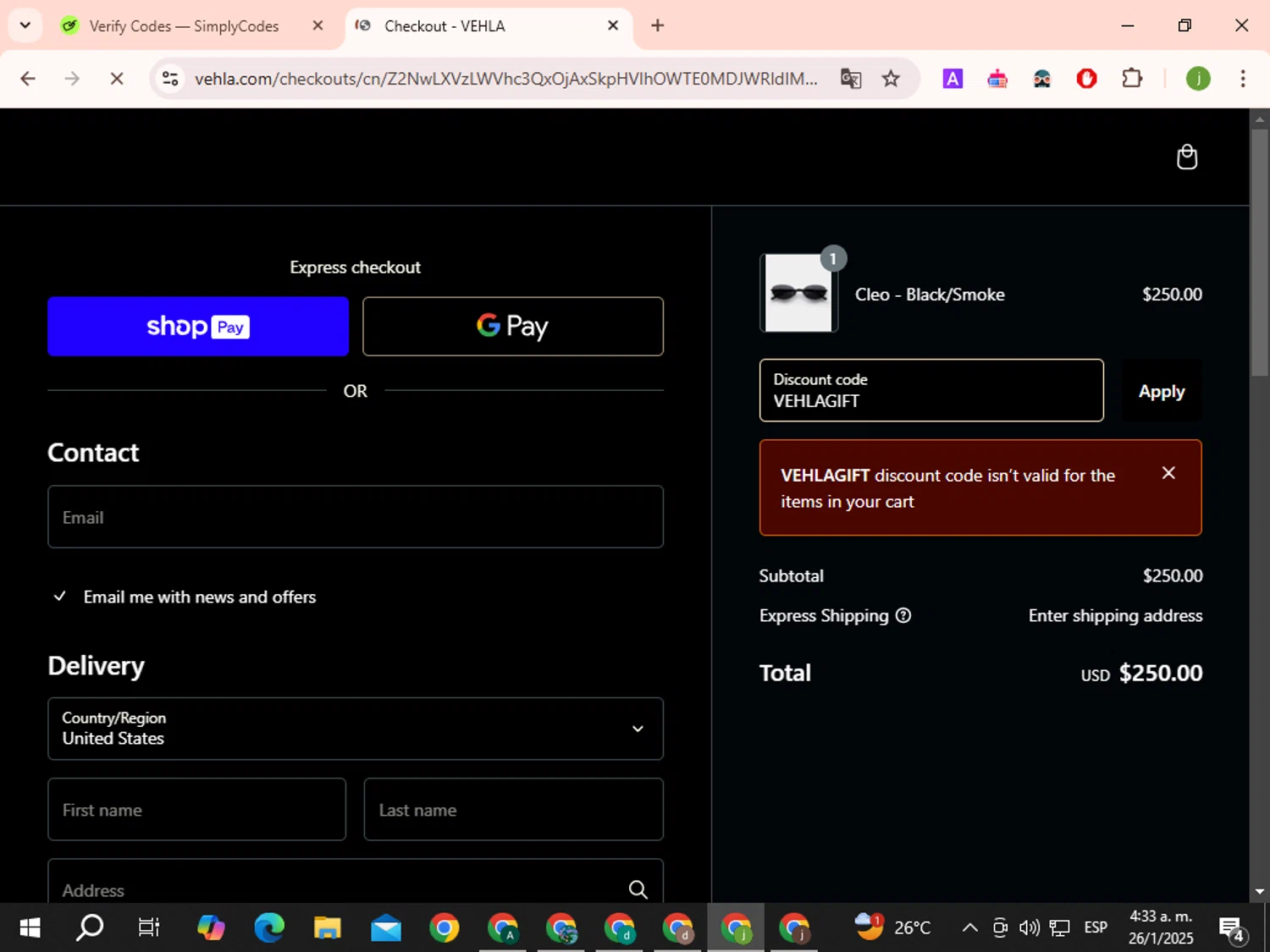 Vehla Eyewear promo code screenshot showing code VEHLAGIFT applied at Vehla Eyewear checkout page. Uploaded by SimplyCodes community member BonusElite3722 on Jan 26, 2025