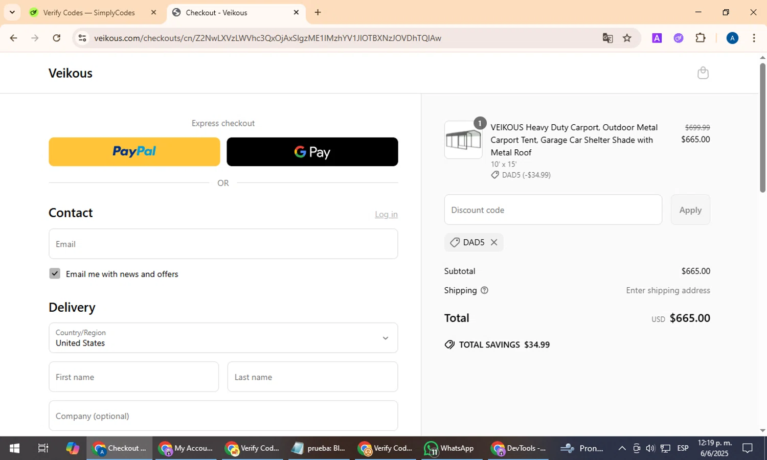 veikous checkout page showing veikous discount code box | Screenshot taken by SimplyCodes community member on Jun 6, 2025