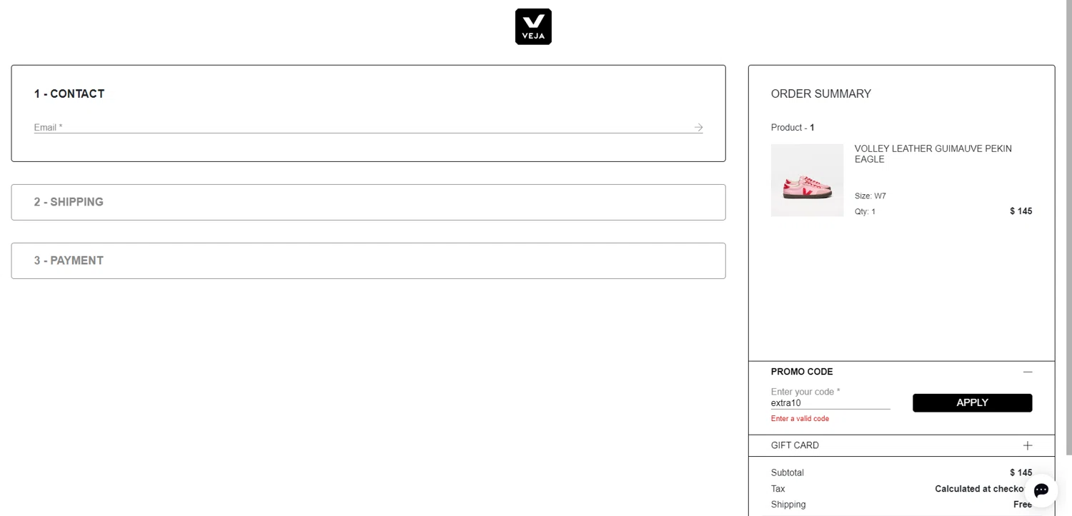 VEJA discount code screenshot showing code extra10 applied at VEJA checkout page. Uploaded by SimplyCodes community member ScanRanger3503 on Aug 25, 2025