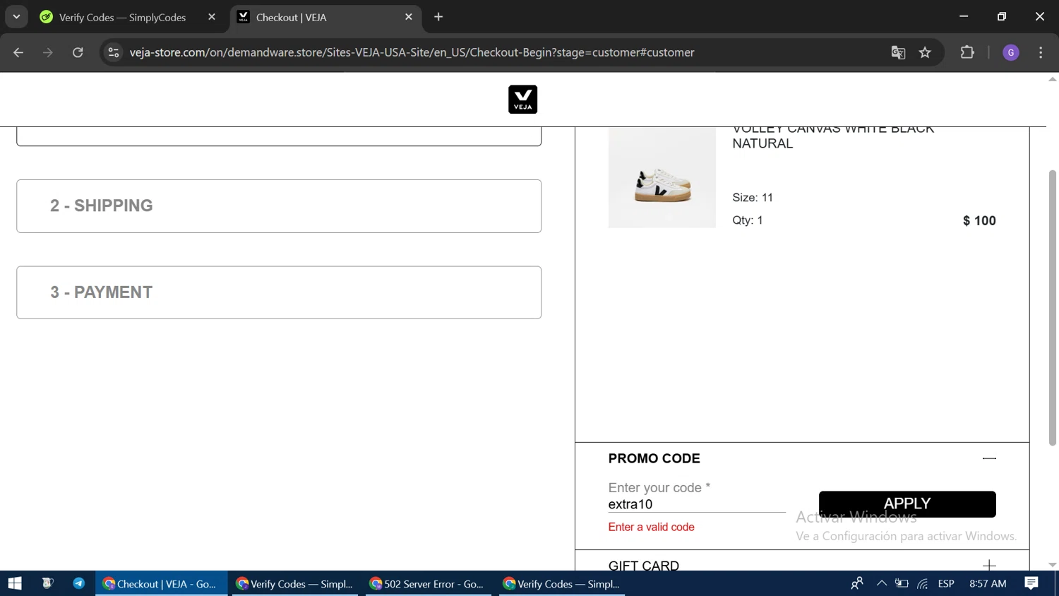 VEJA discount code screenshot showing code extra10 applied at VEJA checkout page. Uploaded by SimplyCodes community member GloriousCaptain3662 on Mar 25, 2025
