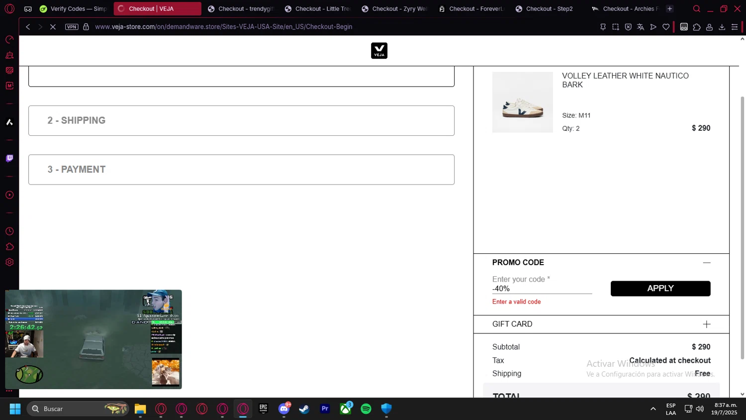 VEJA discount code screenshot showing code -40% applied at VEJA checkout page. Uploaded by SimplyCodes community member Handivlak on Jul 19, 2025