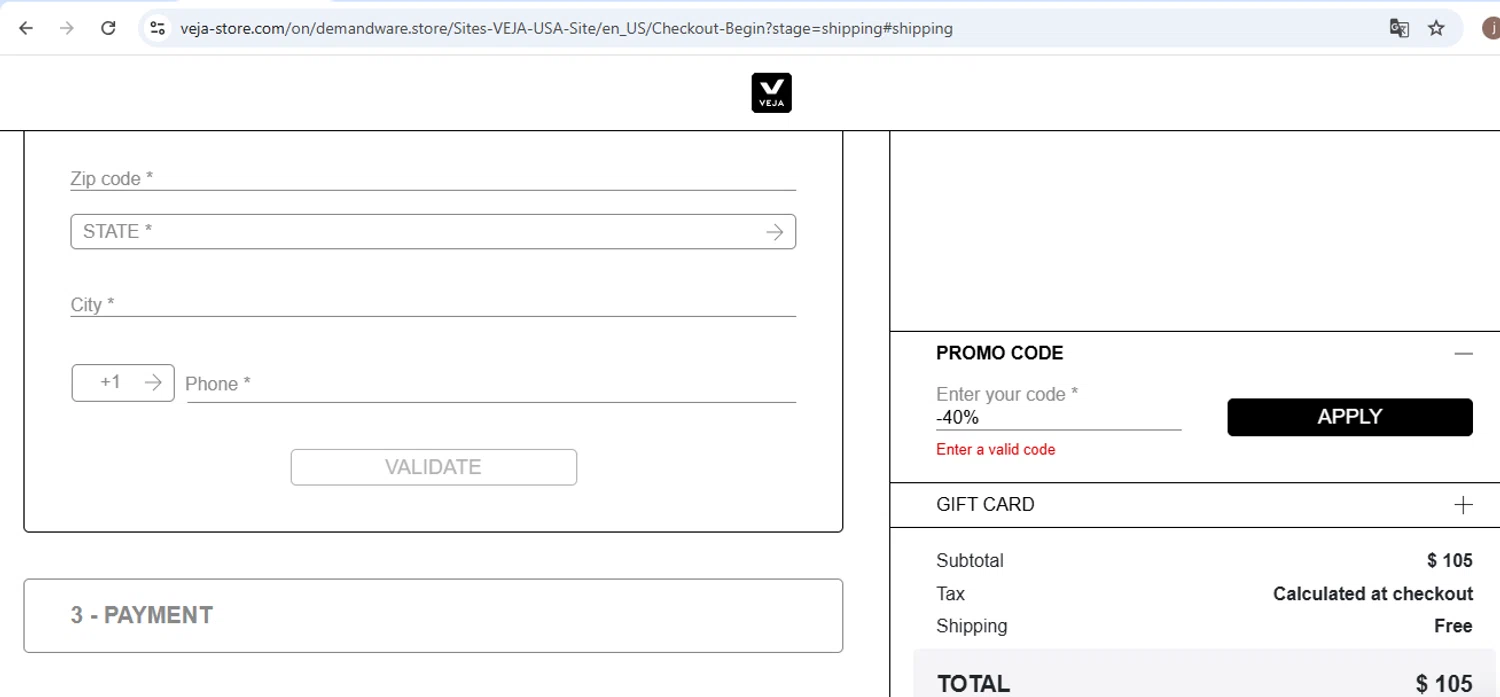 VEJA discount code screenshot showing code -40% applied at VEJA checkout page. Uploaded by SimplyCodes community member carol_lameda on Jul 19, 2025