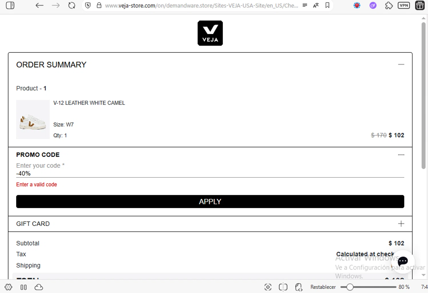 VEJA discount code screenshot showing code -40% applied at VEJA checkout page. Uploaded by SimplyCodes community member luissilva2 on Jul 19, 2025