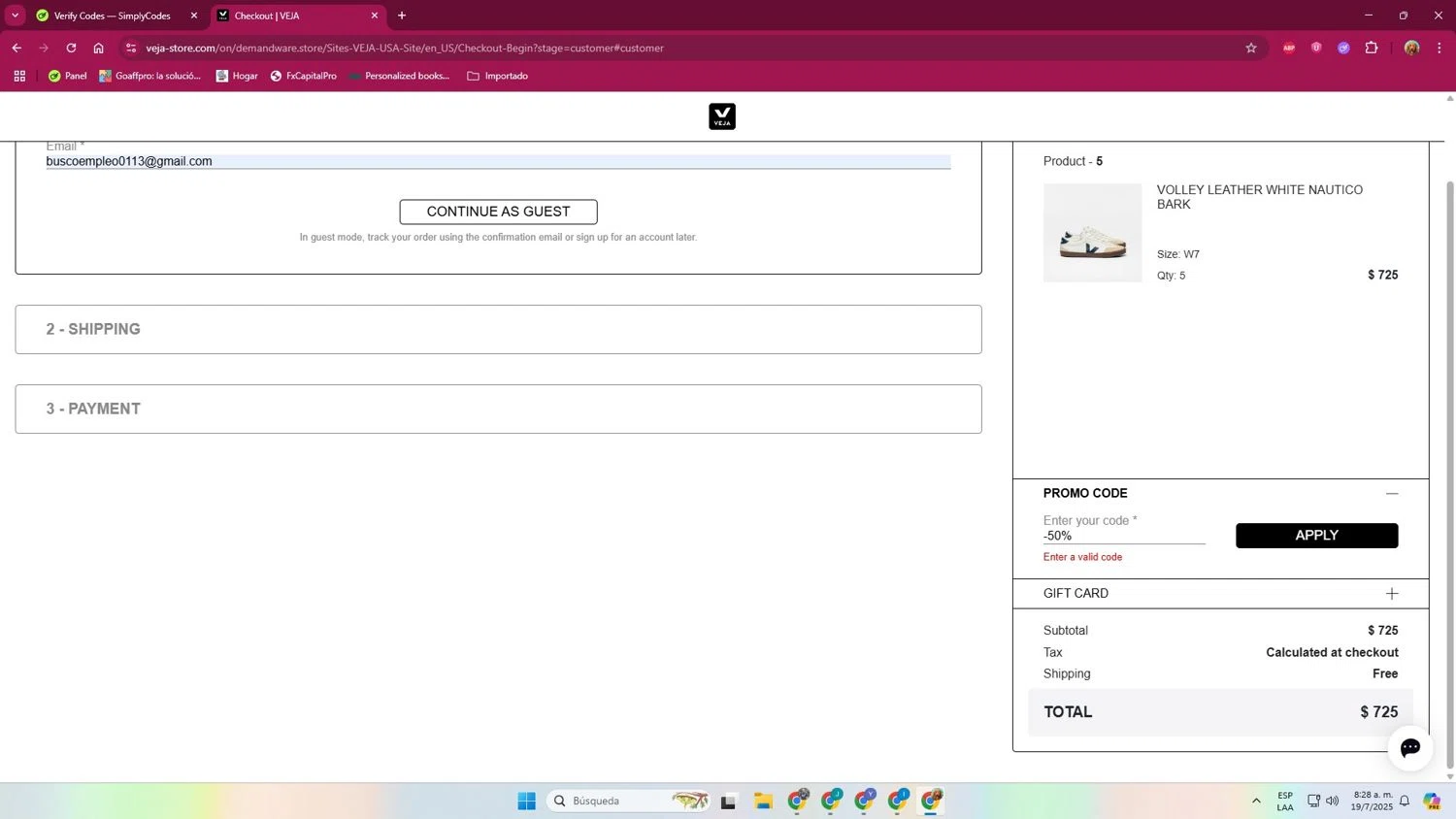 VEJA discount code screenshot showing code -50% applied at VEJA checkout page. Uploaded by SimplyCodes community member ENGP2105 on Jul 19, 2025