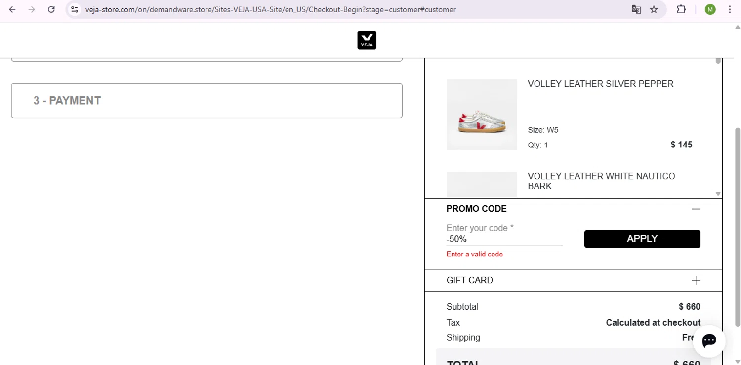 VEJA discount code screenshot showing code -50% applied at VEJA checkout page. Uploaded by SimplyCodes community member SaleSentinel7319 on Jul 19, 2025