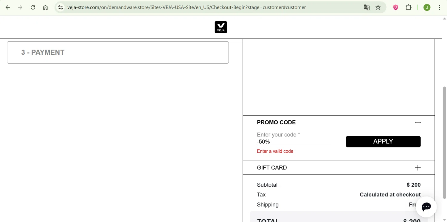 VEJA discount code screenshot showing code -50% applied at VEJA checkout page. Uploaded by SimplyCodes community member ShrewdChaser7973 on Jul 19, 2025