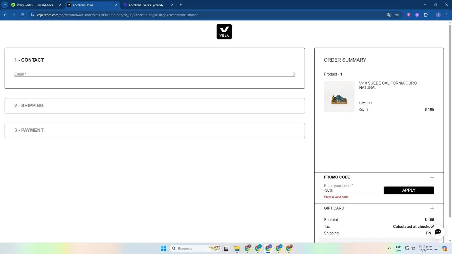 VEJA discount code screenshot showing code -30% applied at VEJA checkout page. Uploaded by SimplyCodes community member LiaGGG on Jul 19, 2025