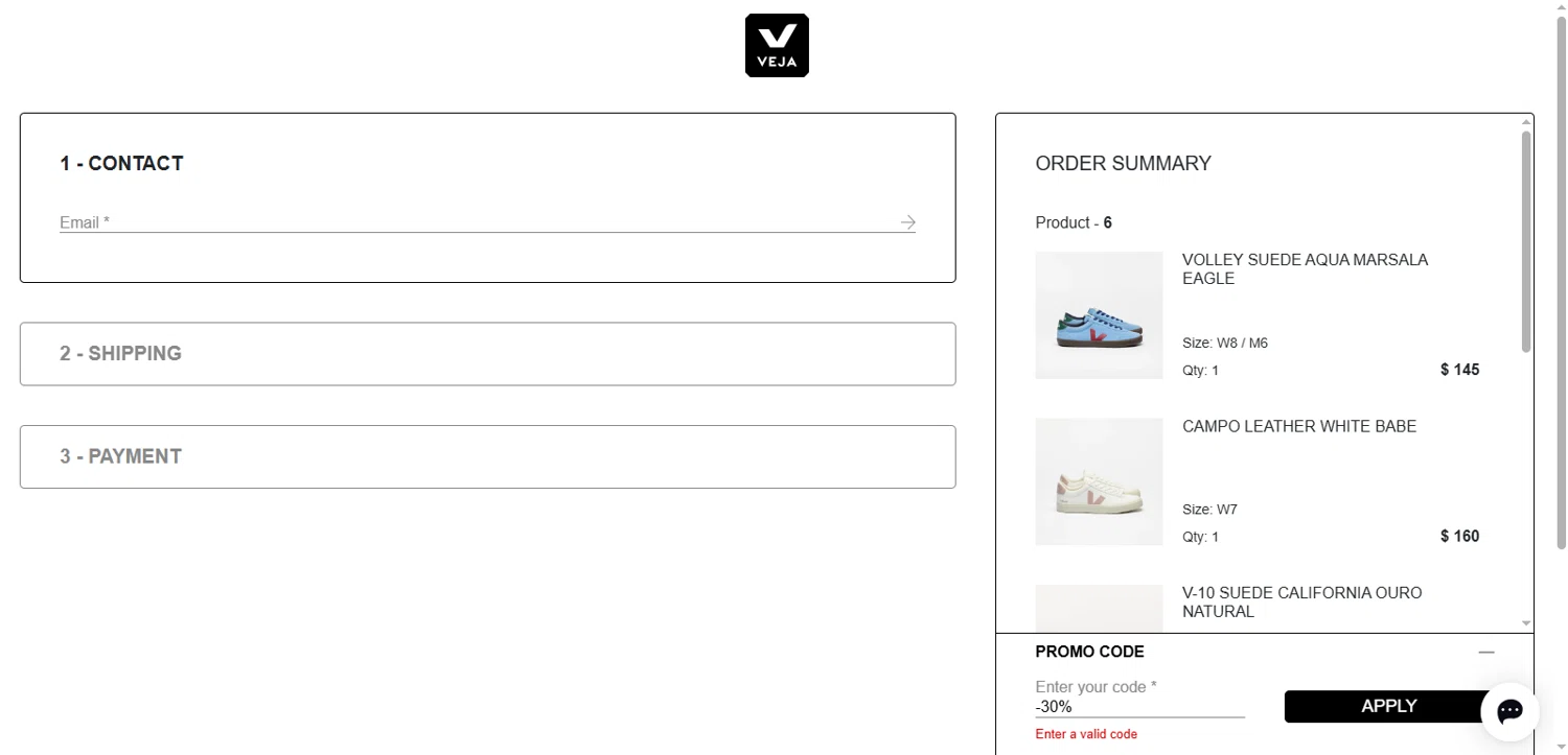 VEJA discount code screenshot showing code -30% applied at VEJA checkout page. Uploaded by SimplyCodes community member RebateHawk9737 on Jul 19, 2025