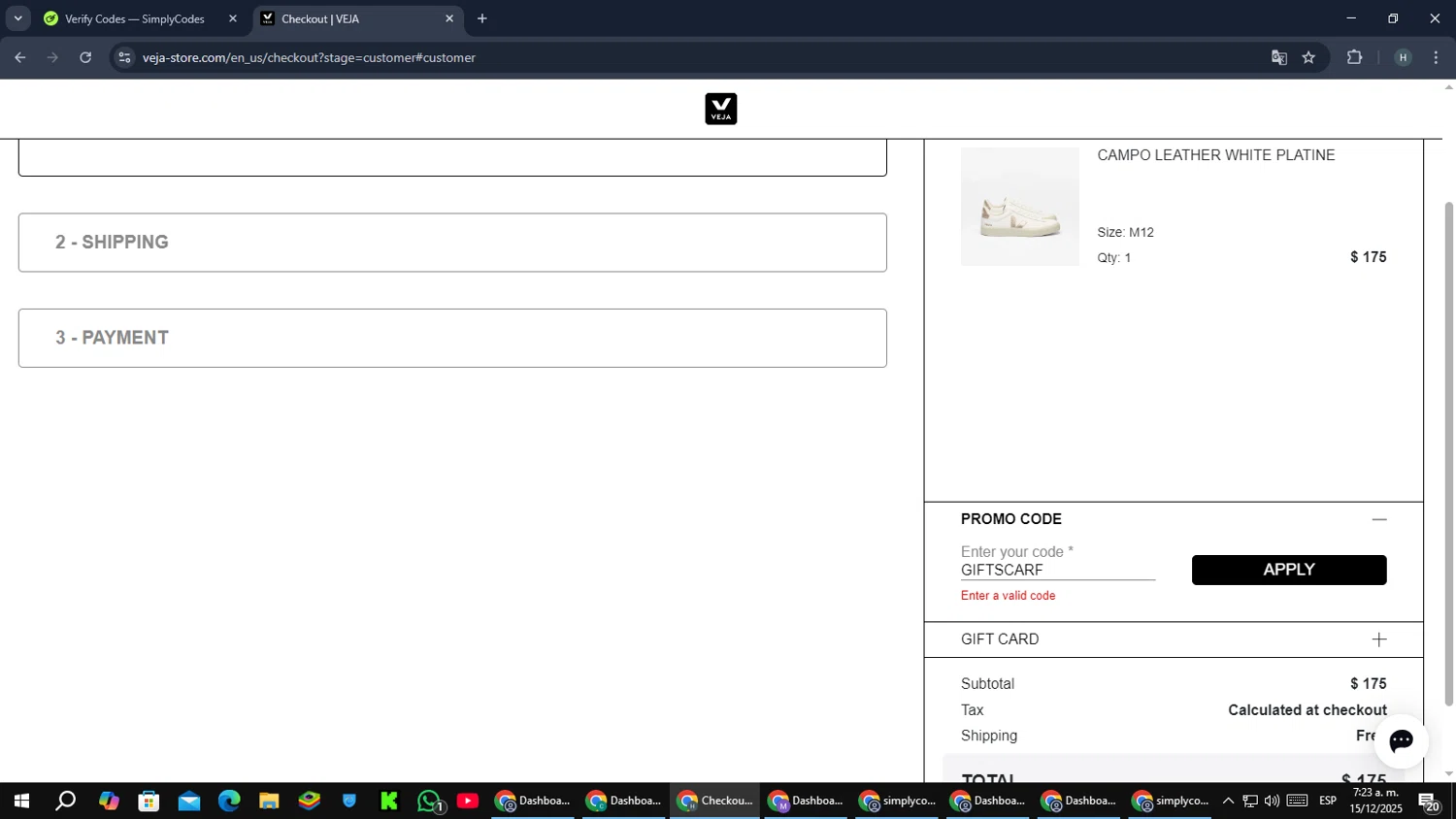 VEJA discount code screenshot showing code GIFTSCARF applied at VEJA checkout page. Uploaded by SimplyCodes community member PromoScout8746 on Dec 15, 2025