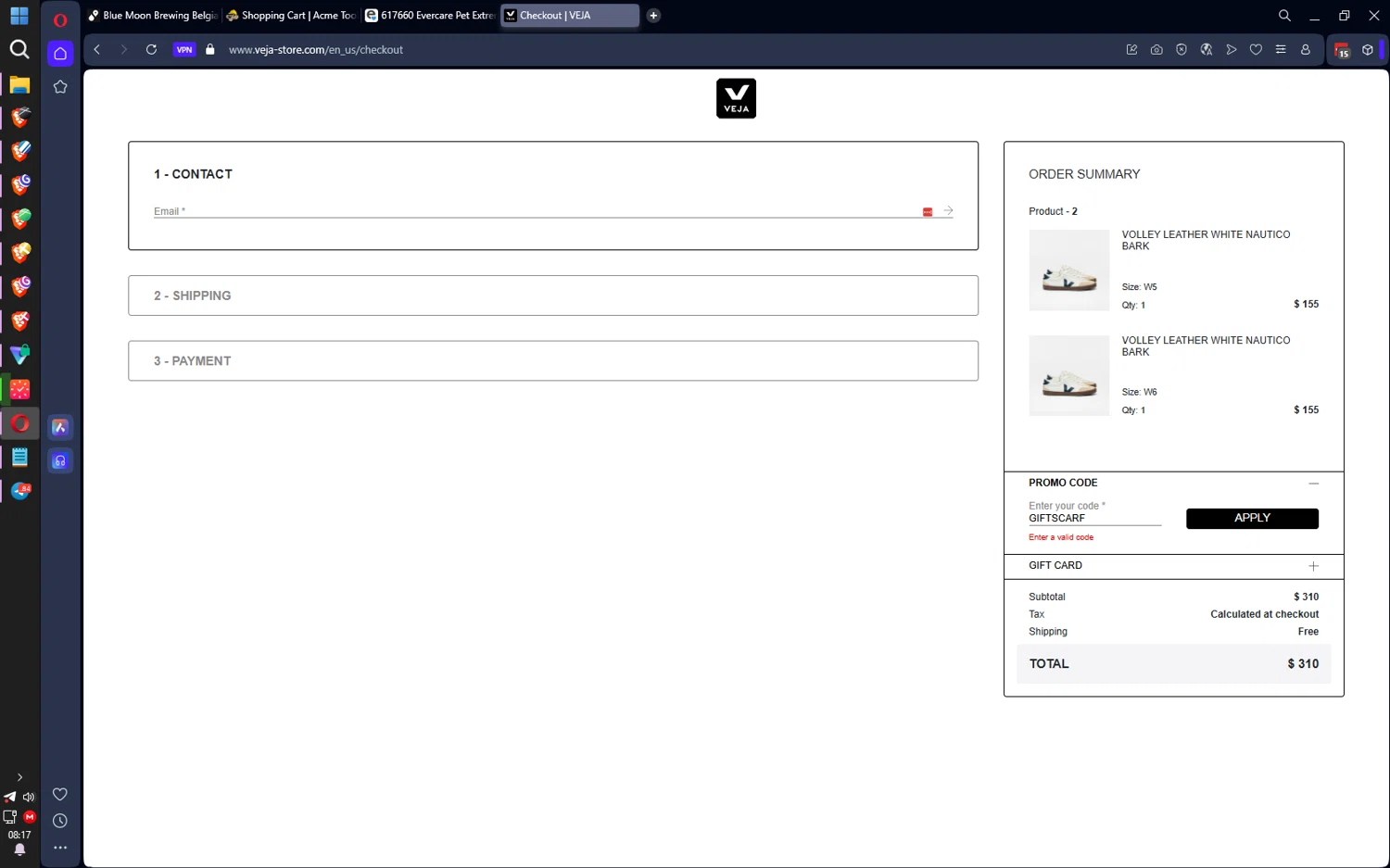 VEJA discount code screenshot showing code GIFTSCARF applied at VEJA checkout page. Uploaded by SimplyCodes community member ilarrazaM6 on Dec 15, 2025