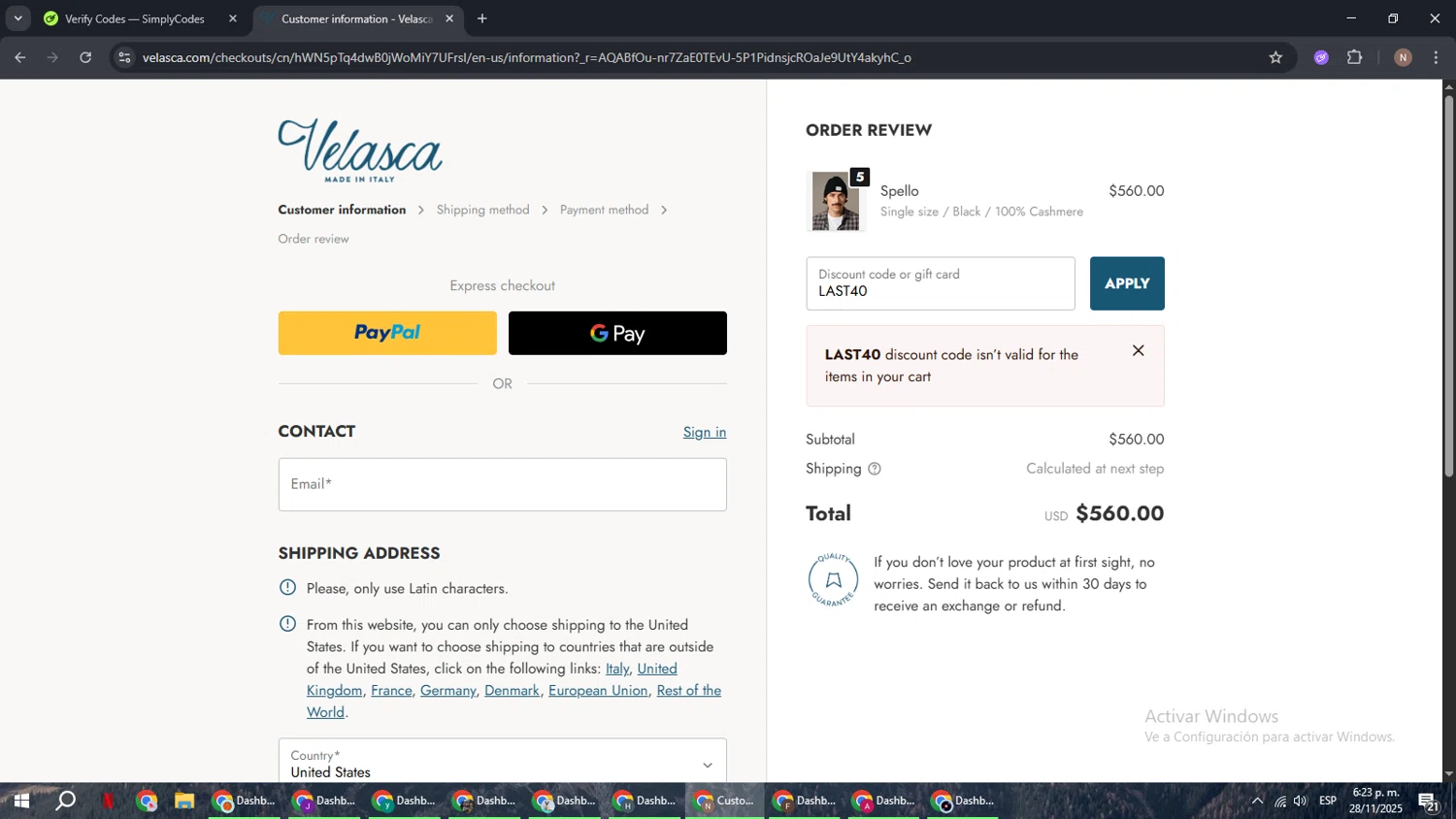 Velasca discount code screenshot showing code LAST40 applied at Velasca checkout page. Uploaded by SimplyCodes community member DiscountPioneer2554 on Nov 28, 2025