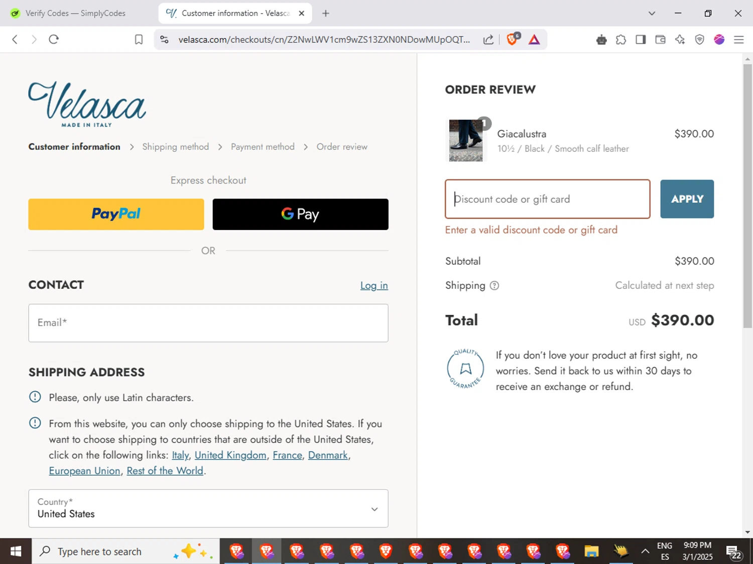 Velasca discount code screenshot showing code BFSPECIAL24 applied at Velasca checkout page. Uploaded by SimplyCodes community member QuestWarden1268 on Mar 2, 2025
