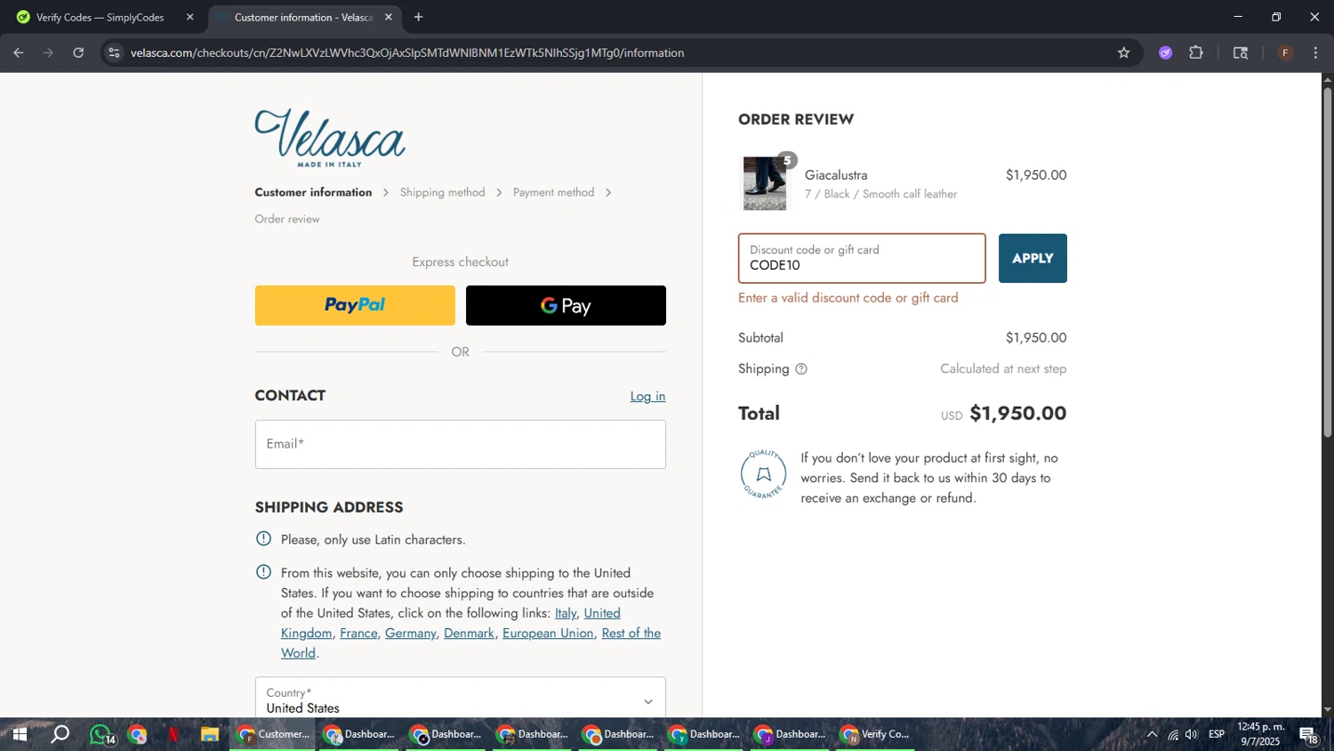 Velasca discount code screenshot showing code CODE10 applied at Velasca checkout page. Uploaded by SimplyCodes community member ExtraordinaryHunter3076 on Jul 9, 2025