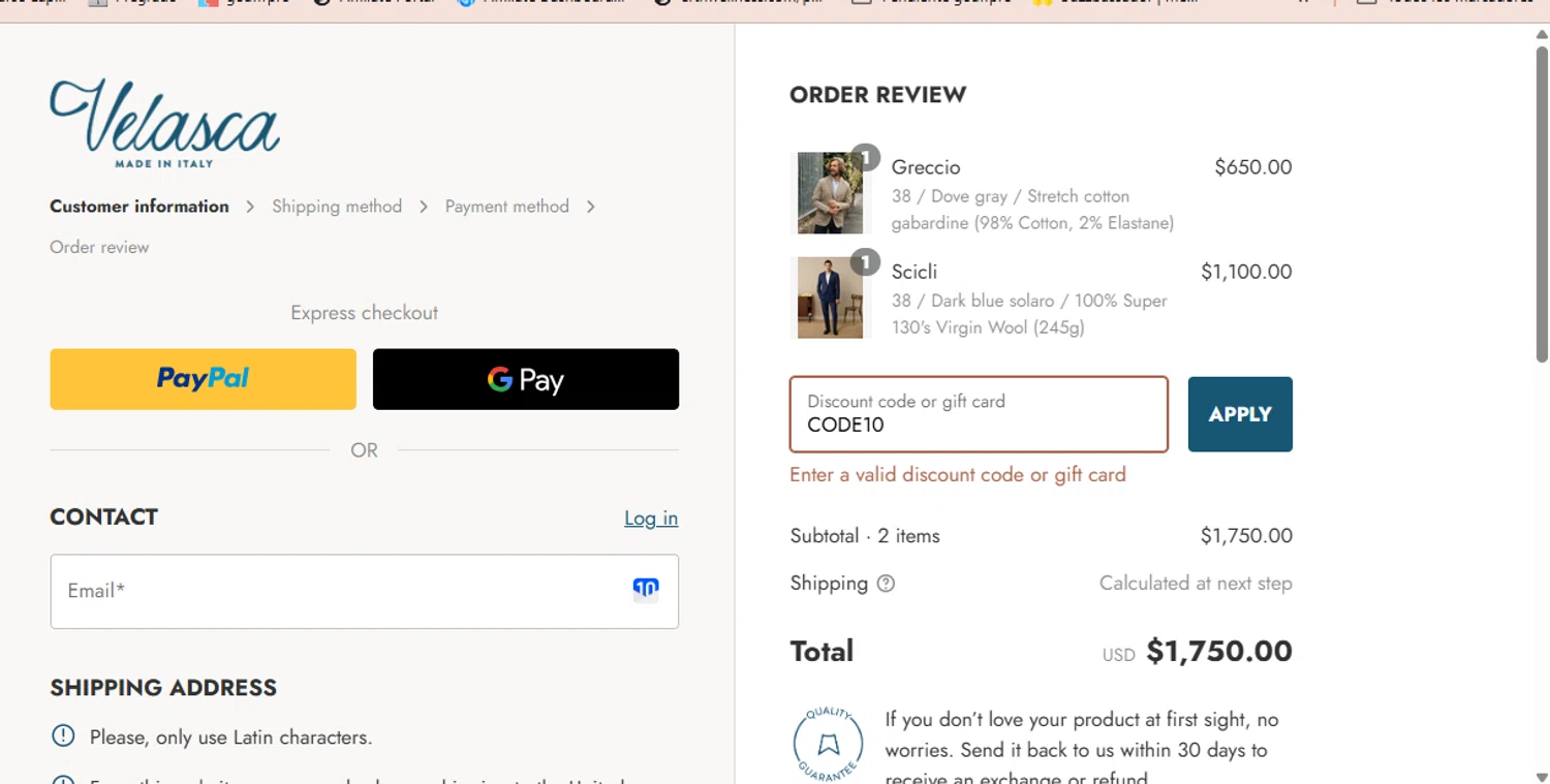Velasca discount code screenshot showing code CODE10 applied at Velasca checkout page. Uploaded by SimplyCodes community member luisaballera on Jul 9, 2025