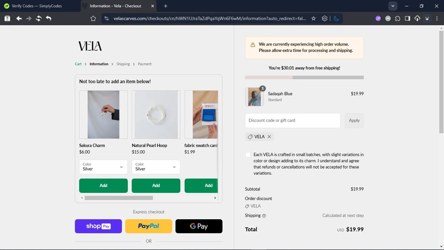Vela Scarves discount code screenshot showing code VELA applied at Vela Scarves checkout page. Uploaded by SimplyCodes community member PromoSpotter1784 on Aug 6, 2025