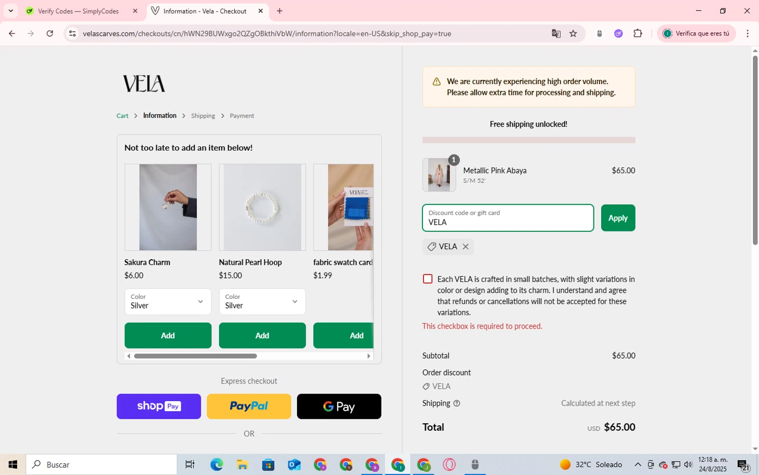 Vela Scarves discount code screenshot showing code VELA applied at Vela Scarves checkout page. Uploaded by SimplyCodes community member SmartShopper4328 on Aug 23, 2025
