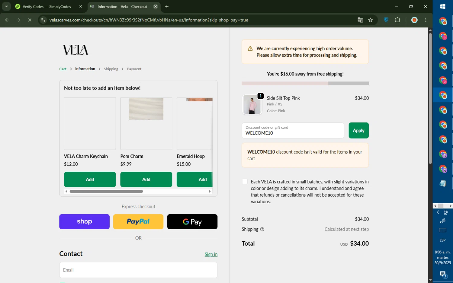 Vela Scarves discount code screenshot showing code WELCOME10 applied at Vela Scarves checkout page. Uploaded by SimplyCodes community member CashMaverick8128 on Sep 30, 2025