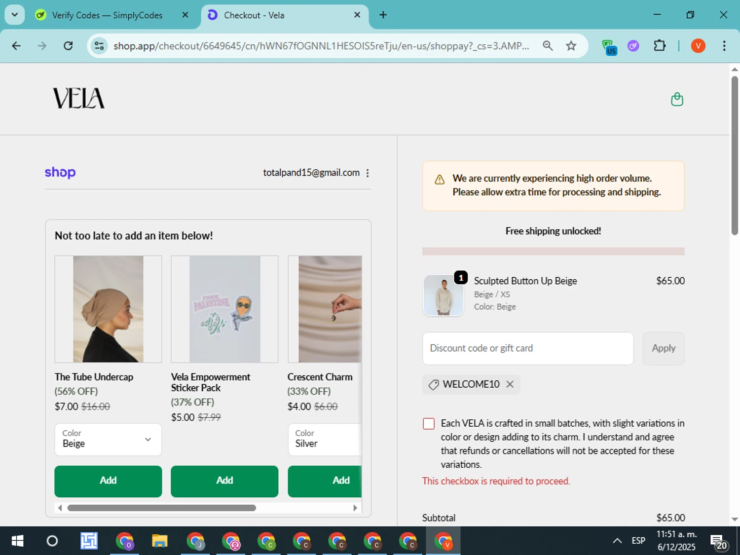 Vela Scarves discount code screenshot showing code WELCOME10 applied at Vela Scarves checkout page. Uploaded by SimplyCodes community member CodeMonarch8148 on Dec 6, 2025
