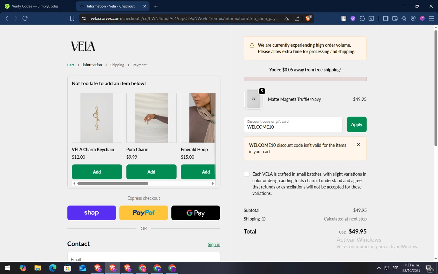 Vela Scarves discount code screenshot showing code WELCOME10 applied at Vela Scarves checkout page. Uploaded by SimplyCodes community member TokenSaver1205 on Oct 28, 2025