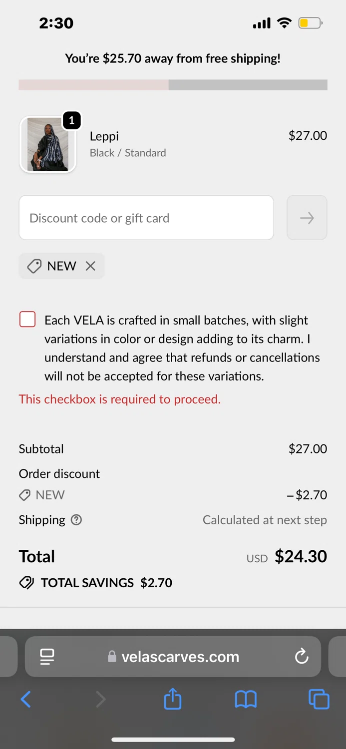Vela Scarves discount code screenshot showing code NEW applied at Vela Scarves checkout page. Uploaded by SimplyCodes community member VictoriousFalcon1812 on Dec 10, 2025