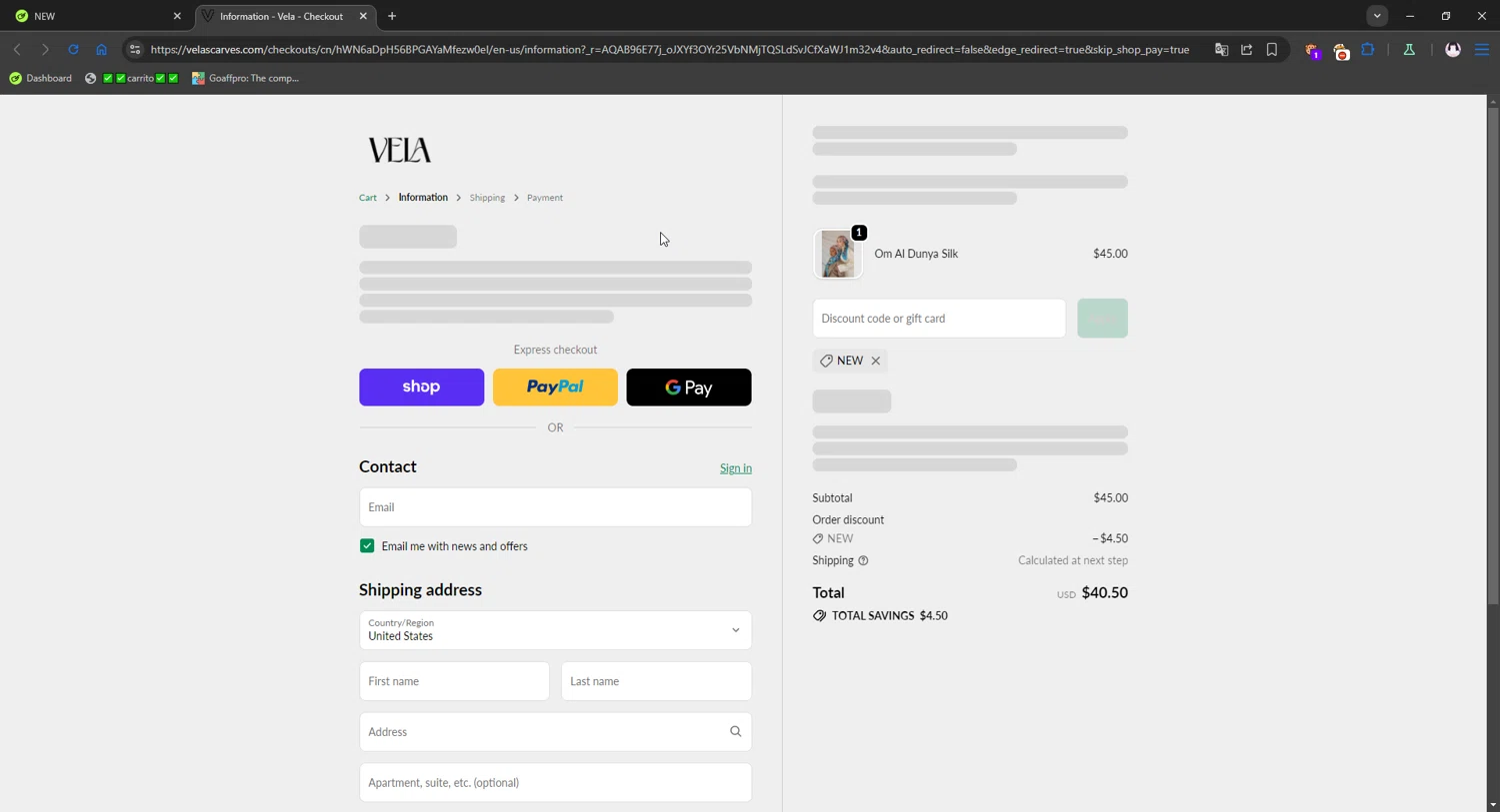 Vela Scarves discount code screenshot showing code NEW applied at Vela Scarves checkout page. Uploaded by SimplyCodes community member gribethr on Dec 18, 2025