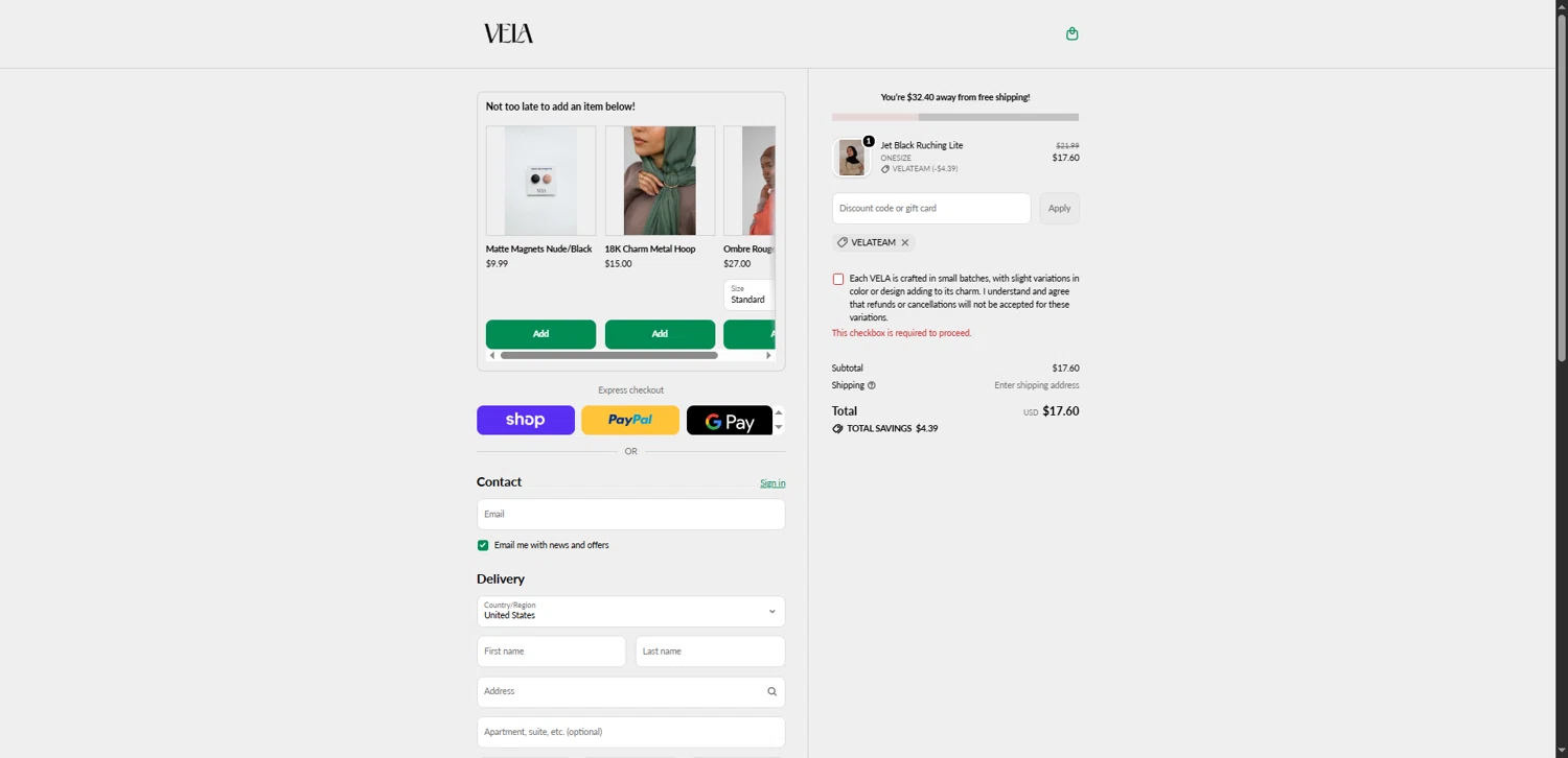 Vela Scarves discount code screenshot showing code VELATEAM applied at Vela Scarves checkout page. Uploaded by SimplyCodes community member TokenNavigator3088 on Feb 24, 2026