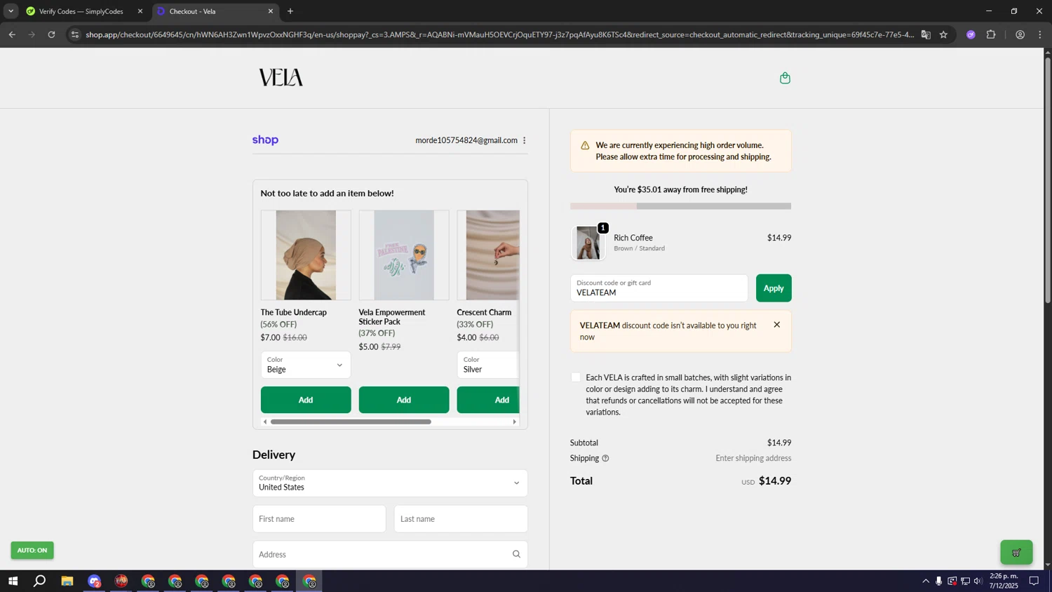 Vela Scarves discount code screenshot showing code VELATEAM applied at Vela Scarves checkout page. Uploaded by SimplyCodes community member SeguimosEsperando on Dec 7, 2025