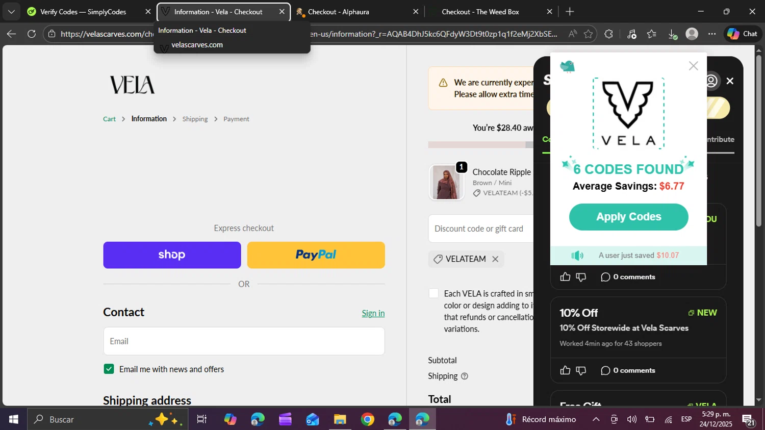 Vela Scarves discount code screenshot showing code VELATEAM applied at Vela Scarves checkout page. Uploaded by SimplyCodes community member swiftie on Dec 24, 2025