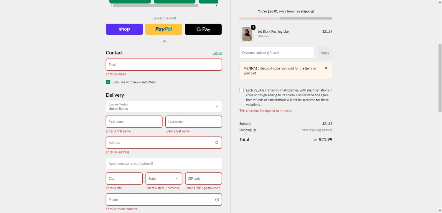 Vela Scarves checkout page showing Vela Scarves discount code box | Screenshot taken by SimplyCodes community member on Feb 24, 2026