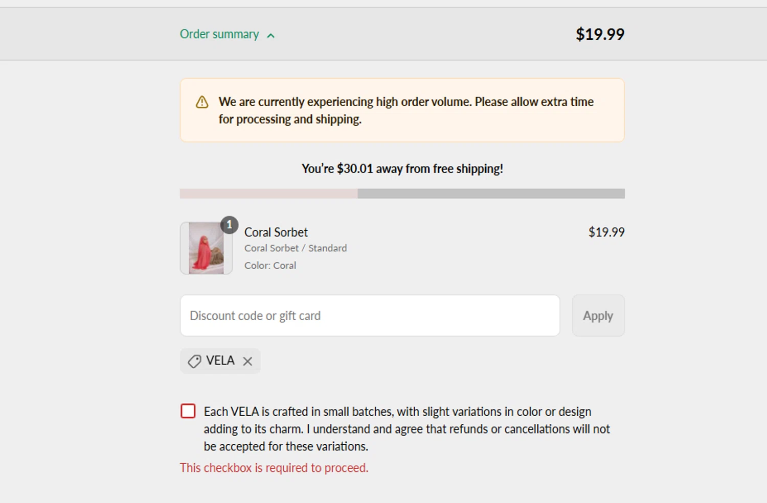 Vela Scarves discount code screenshot showing code VELA applied at Vela Scarves checkout page. Uploaded by SimplyCodes community member ashe1986 on Jul 23, 2025