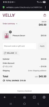 Vella30 coupon verification screenshot