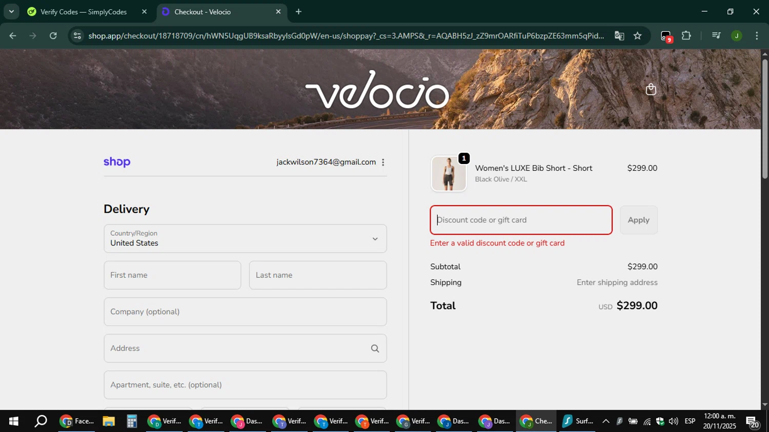 Velocio Apparel promo code screenshot showing code MINWALD_50 applied at Velocio Apparel checkout page. Uploaded by SimplyCodes community member ShieldFinder369 on Nov 20, 2025