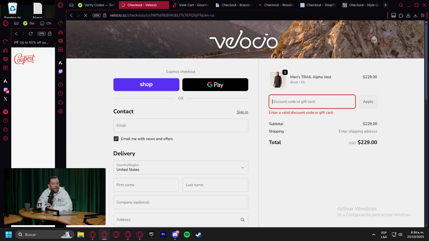 Velocio Apparel promo code screenshot showing code IPSRA_K1XP76XG8ZB7 applied at Velocio Apparel checkout page. Uploaded by SimplyCodes community member leonardocamacho2 on Oct 23, 2025