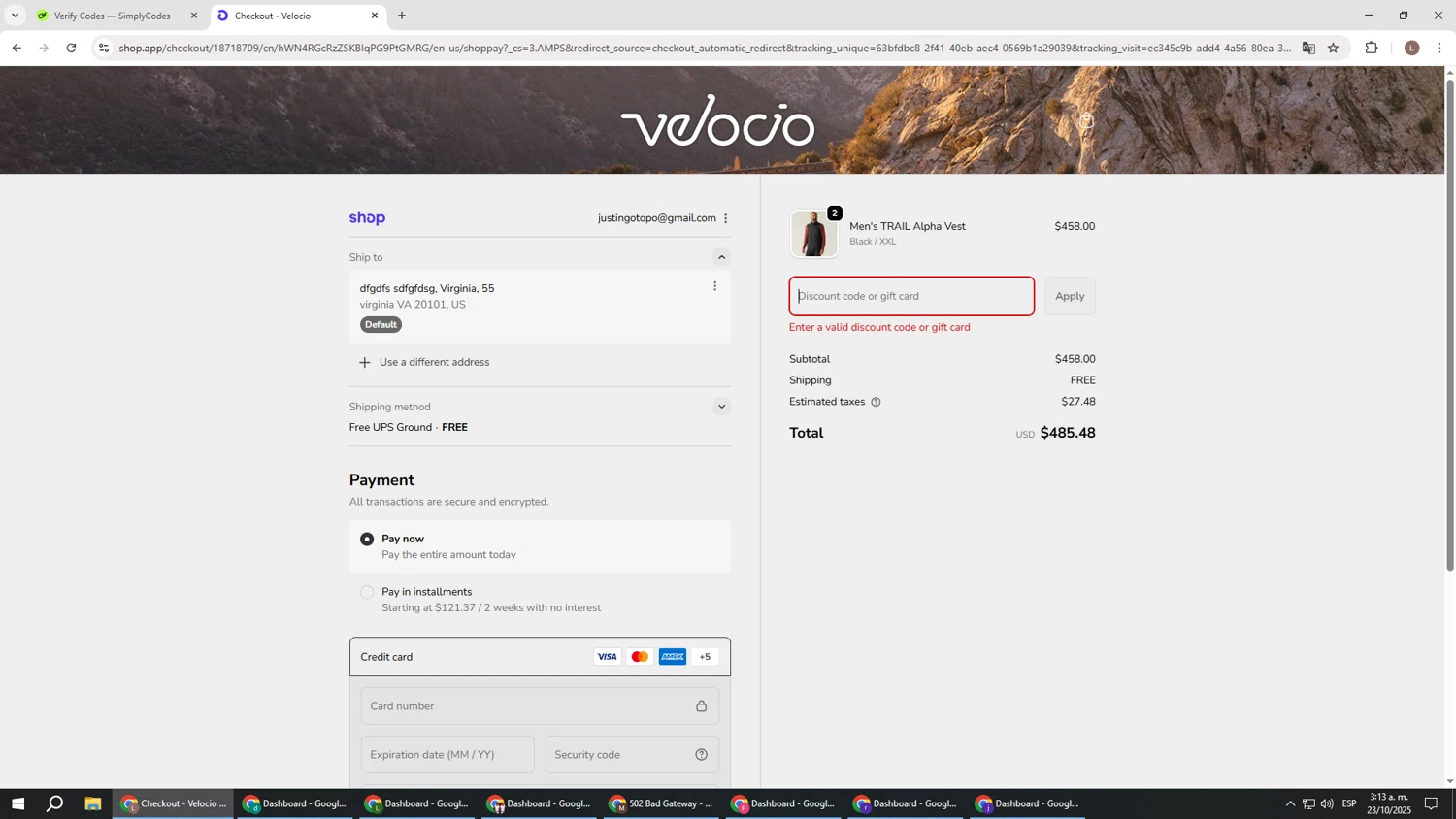 Velocio Apparel promo code screenshot showing code IPIND_Z3FJY21M25YK applied at Velocio Apparel checkout page. Uploaded by SimplyCodes community member BENELLI on Oct 23, 2025