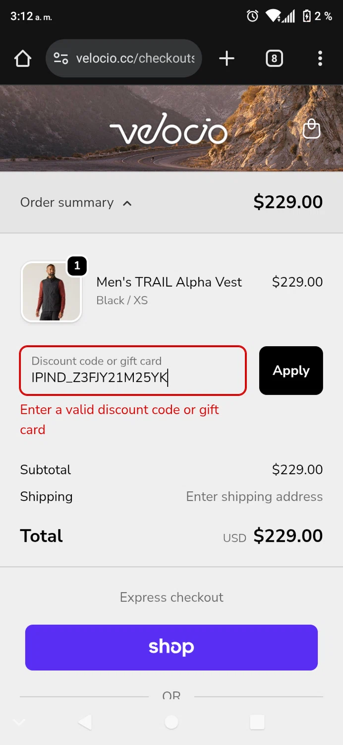 Velocio Apparel promo code screenshot showing code IPIND_Z3FJY21M25YK applied at Velocio Apparel checkout page. Uploaded by SimplyCodes community member carmenamandabritoser on Oct 23, 2025