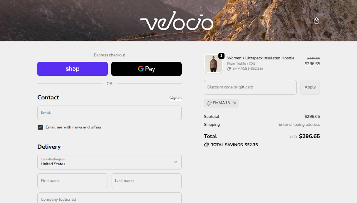 Velocio Apparel promo code screenshot showing code EMMA15 applied at Velocio Apparel checkout page. Uploaded by SimplyCodes community member gabrielponce on Nov 26, 2025